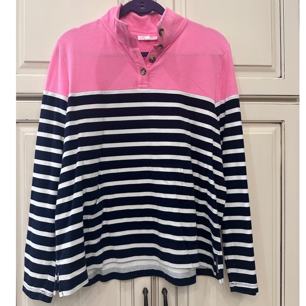 T by Talbots Pink Navy Striped Button Mock Neck Pullover Sweatshirt XL
